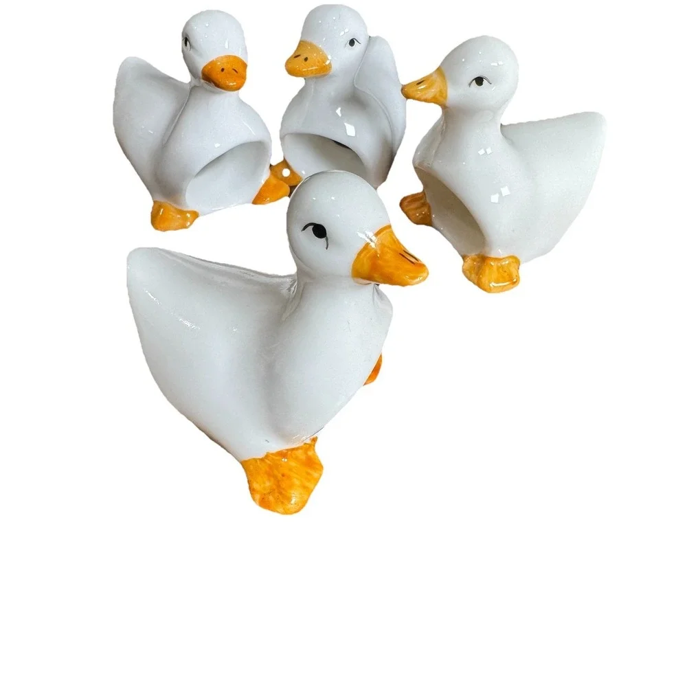 4 Adorable Vtg Cottage Core Ceramic White Duck Goose Geese Napkin‎ Rings Holders